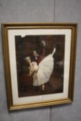 A FRAMED AND GLAZED OIL PAINTING OF BALLET DANCERS