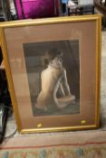A FRAMED AND GLAZED PASTEL PICTURE OF A SEATED FEMALE NUDE INITIALED RJ