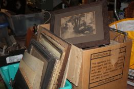 TWO BOXES OF ANTIQUE AND VINTAGE BLACK AND WHITE PHOTOGRAPHS, FRAMES ETC.