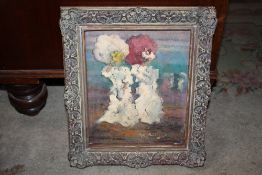 (XX). Impressionist scene with figures holding parasols, signed lower right, oil on card laid on