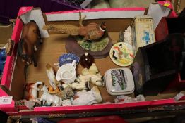A TRAY OF CERAMIC FIGURES, CANDLE BOXES ETC