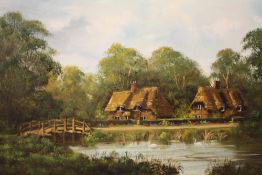 A GILT FRAMED OIL ON CANVAS DEPICTING COUNTRY COTTAGES SIGNED BARTON STACEY VERSO