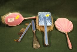 A HALLMARKED SILVER AND BLUE GUILLOCHE ENAMEL BRUSH COMB AND SHOEHORN, TOGETHER WITH A HALLMARKED