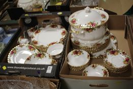 TWO TRAYS OF ROYAL ALBERT OLD COUNTRY ROSES CHINA TO INCLUDE A LARGE TUREEN, DINING PLATES ETC