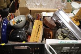 TWO TRAYS OF COLLECTABLES TO INCLUDE BINOCULARS, CAMERA, GILT PEDESTAL ETC