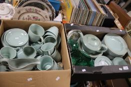 A TRAY AND A BOX OF MAINLY WOODS TEA & DINNERWARE (TRAY NOT INCLUDED)