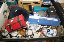 A TRAY OF SUNDRIES AND CERAMICS TO INCLUDE A JUNIOR RIDING HAT, TOBY JUGS, SLIDE RULES, VINTAGE TINS
