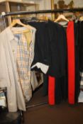 GENTS CLOTHING TO INCLUDE A BURBERRY RAINCOAT, A UNIVERSITY GOWN, AND A SUIT