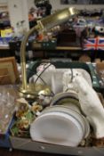 A TRAY OF SUNDRIES AND CERAMICS TO INCLUDE A READING LAMP, TWO STAFFORDSHIRE STYLE SPANIELS ETC.