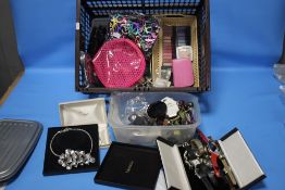 A BOX OF ASSORTED COSTUME JEWELLERY, WRIST WATCHES, ETC.