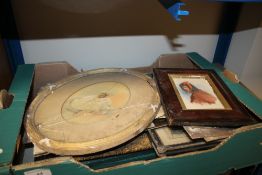 A TRAY OF FRAMED PICTURES INCLUDING PAINTED GLASS
