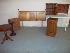 EIGHT ITEMS INCLUDING WALL PLATE RACKS, PEDESTAL TABLES, CHAIR ETC.