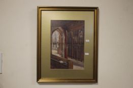 A FRAMED AND GLAZED WATERCOLOUR OF A CHURCH INTERIOR, INITIALED E. G. B. AND DATED 1914