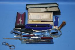 COLLECTABLES TO INCLUDE PENS, MAGNIFYING GLASS, LETTER OPENER ETC.