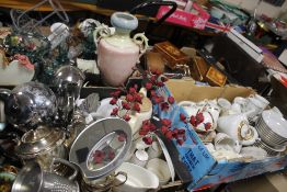 FOUR TRAYS OF CERAMICS AND METALWARE (TRAYS NOT INCLUDED)