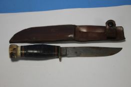 A GEORGE WOLSTENHOLM & SON, WASHINGTON WORKS SCOUT TYPE KNIFE, with Antler pommel and a Bowie