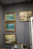 TWO OILS ON BOARD LANDSCAPE PAINTINGS TOGETHER WITH TWO HUNTING PRINTS (4)