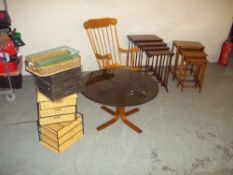 A SMOKED GLASS TABLE, TWO VINTAGE NESTS OF TABLES, A ROCKING CHAIR AND VARIOUS WICKER OFFICE