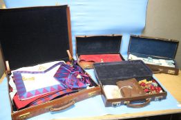 A LARGE QUANTITY OF MASONIC REGALIA TO INCLUDE APRONS, SASHES, MEDALS, BOOKS, EPHEMERA ETC.