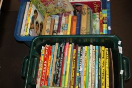 TWO BOXES OF BOOKS AND ANNUALS TO INCLUDE BEEZER, SOOTY'S FIFTH ANNUAL, ALICE IN WONDERLAND ETC.