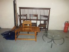 EIGHT ITEMS INCLUDING CHAIRS, TABLES,FISHING RODS AND NETS ETC.
