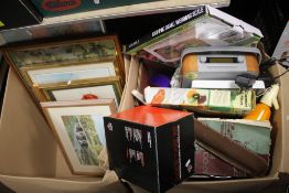 TWO BOXES OF SUNDRIES TO INCLUDE A SODA SYPHON, PICTURES ETC.