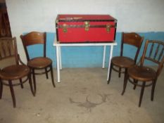 A RED STORAGE TRAVEL TRUNK AND FOUR ANTIQUE DINING CHAIRS