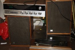 A WHARFEDALE DENTON RECEIVER, A WHARFEDALE LINTON TURNTABLE AND A PAIR OF WHARFEDALE SPEAKERS