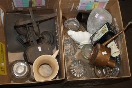 TWO BOXES OF GLASSWARE, CERAMICS AND A SET OF SCALES