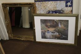 A GILT FRAMED MIRROR 74 X 65 CM TOGETHER WITH A CLAUDE MONET PRINT