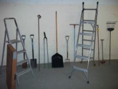 GARDEN TOOLS AND TWO PAIRS OF ALUMINIUM STEP LADDERS