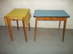 TWO RETRO FORMICA TOPPED KITCHEN TABLES, ONE WITH A DRAWER MADE BY F. JADE MARK AND A DROP LEAF MADE
