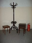 A WOODEN COAT STAND, QUEEN ANNE STYLE NEST OF TABLES ETC.