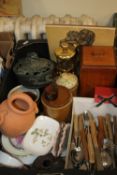A TRAY OF CERAMICS ETC. TOGETHER WITH A METAL LIDDED POT (TRAY NOT INCLUDED)