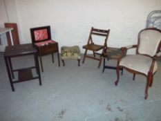 SIX ITEMS INCLUDING CHAIRS, STOOLS, A TABLE AND A SEWING BOX WITH CONTENTS