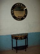 A CHINESE STYLE DEMI LUNE HALF MOON HALL TABLE AND BLACK FRAMED ROUND HALL MIRROR