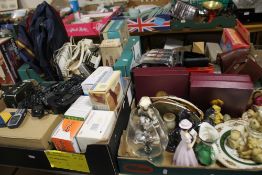 FOUR TRAYS OF SUNDRIES AND CERAMICS TO INCLUDE HOUSE PHONE, MOBILE PHONE ETC.