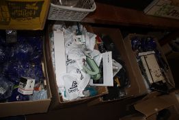 FOUR BOXES OF MAINLY NEW ITEMS TO INCLUDE DRAWSTRING BAGS, COAT HANGERS, PHONE CASES ETC.