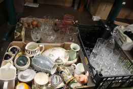 TWO TRAYS OF GLASSWARE ETC. TO INCLUDE CUT GLASS and A TRAY OF CERAMICS TO INCLUDE A WADE PIG (TRAYS