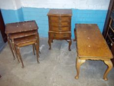 A SERPENTINE BURR WALNUT CHEST OF FOUR DRAWERS MADE BY BURTON REPRODUCTIONS ON CABRIOLE LEGES, A