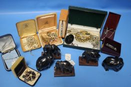 A QUANTITY OF ASSORTED VINTAGE COSTUME JEWELLERY AND AN ELEPHANT