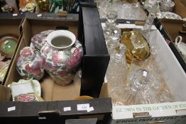 A TRAY OF CUT GLASS TOGETHER WITH A TRAY OF CERAMICS (TRAYS NOT INCLUDED)