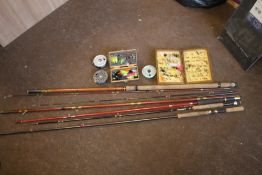 A COLLECTION OF FLY FISHING RODS, REELS AND FLIES INCLUDE A RIM FLY REEL AND A CONDEX REEL