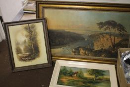 A FRAMED LANDSCAPE PRINT TOGETHER WITH TWO OIL PAINTINGS OF RURAL SCENESCondition Report:The