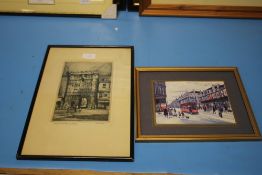 A PRINT OF A BETTY STIRLING PAINTING OF TRAMS TOGETHER WITH AN ETCHING OF CANTERBURY GATE