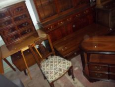 A DROP LEAF KITCHEN TABLE, A SEWING BOX, A CHEST OF DRAWERS AND BOARD GAMES ETC. (6)
