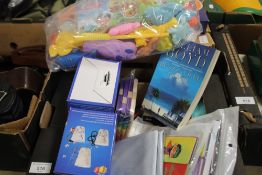 A SMALL BOX OF SUNDRIES TO INCLUDE BOOKMARKS, FISHING GAME ETC.