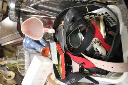 A TRAY OF CERAMICS, BELTS ETC.