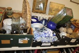 THREE TRAYS OF CERAMICS ETC. TO INCLUDE BLUE & WHITE (TRAYS NOT INCLUDED)