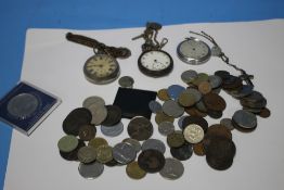 A COLLECTION OF WORLD COINS, POCKET WATCHES ETC.